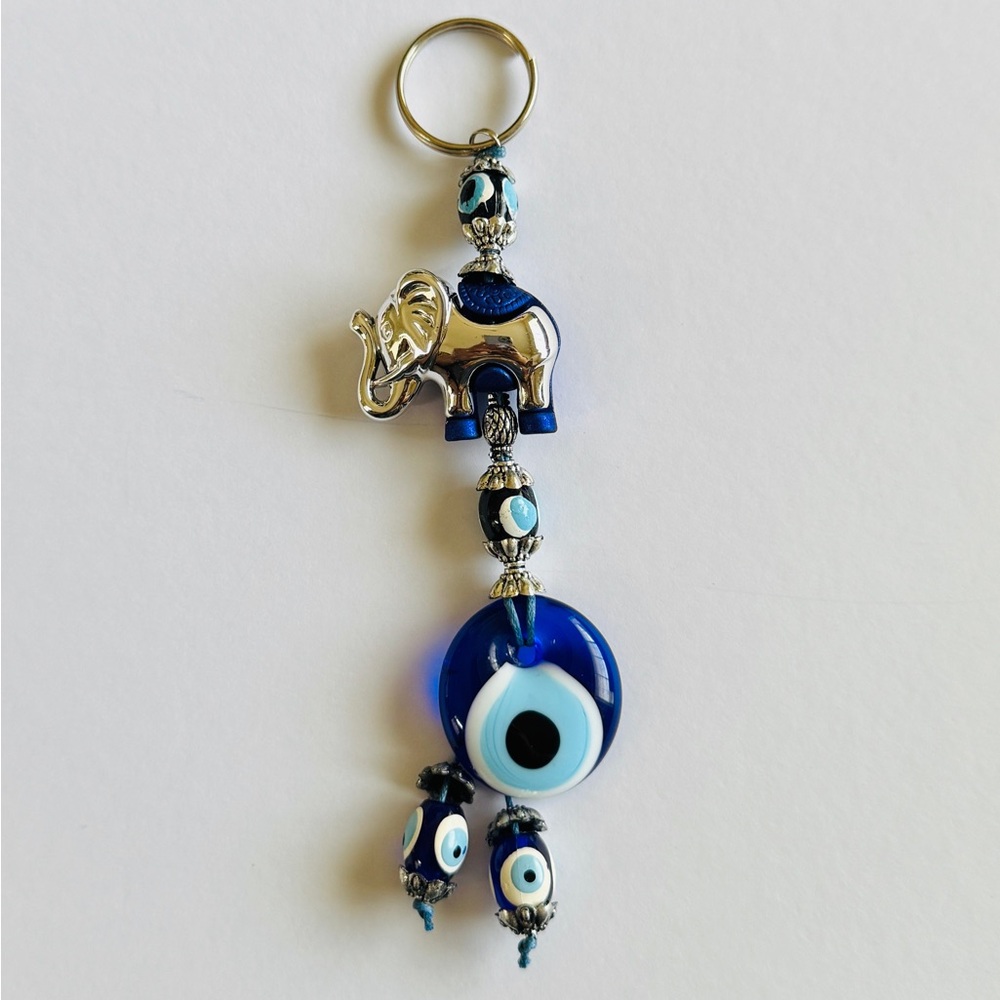 Blue Evil Eye Elephant Keychain